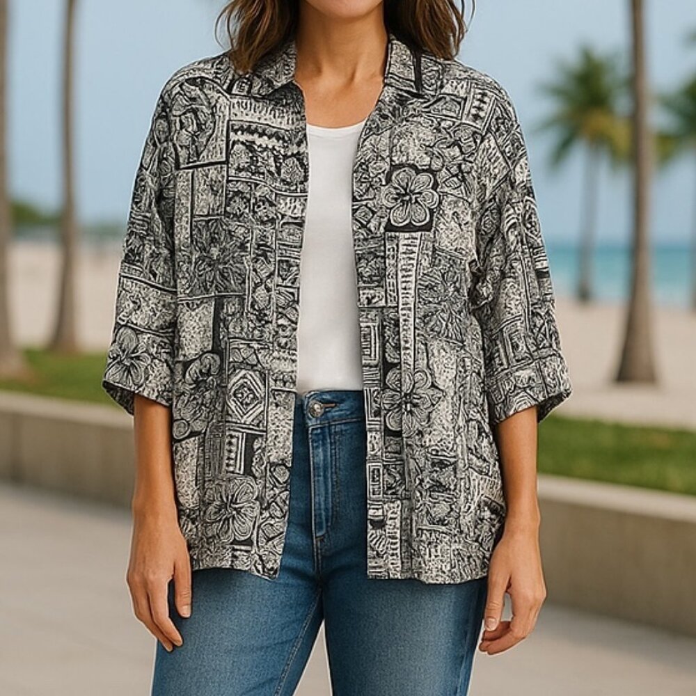 Chico's Women's Top Kimono Black Gray Floral Long Sleeve Silk Blend Size Medium